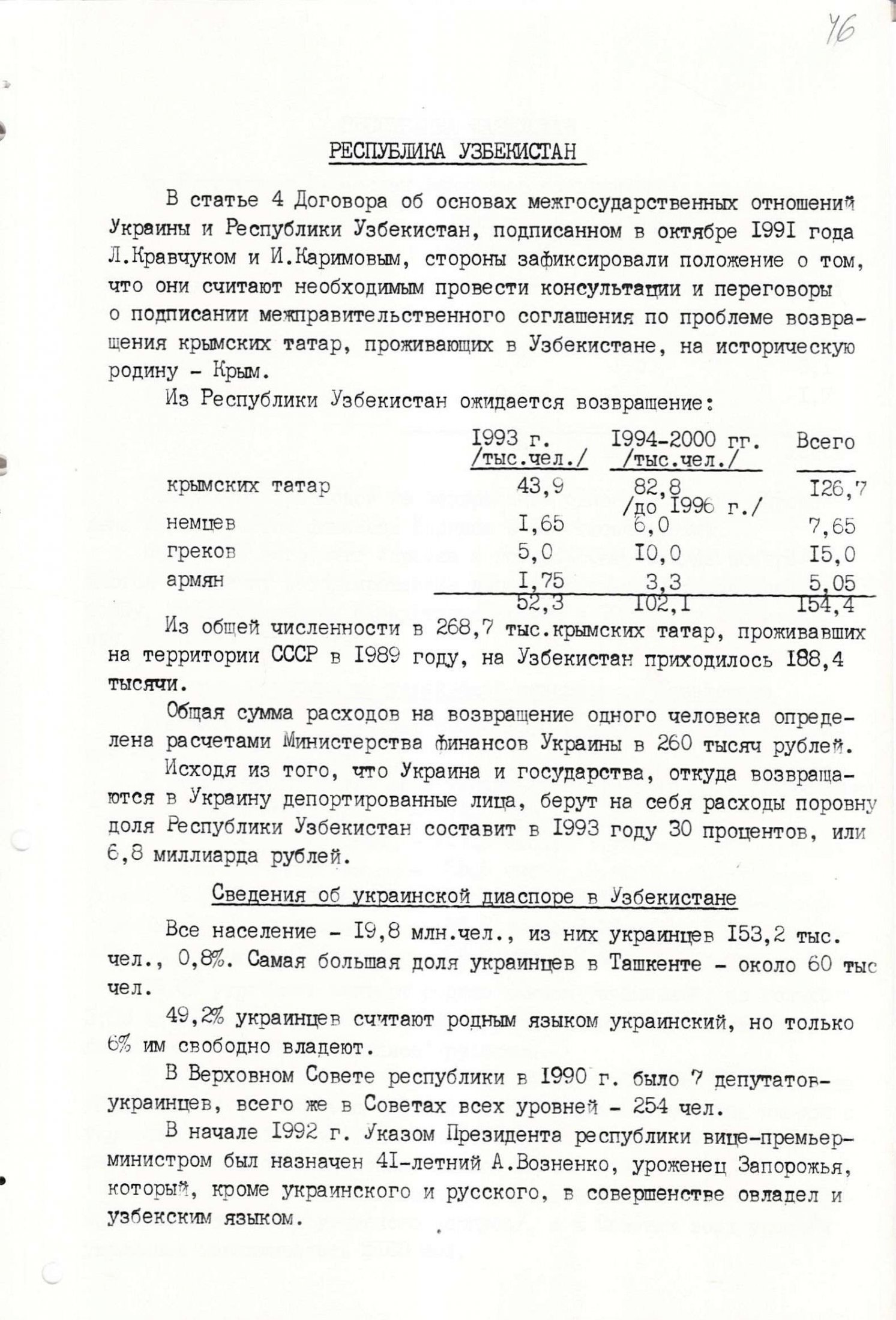 Матеріали з питань повернення депортованих осіб в Україну та становище українських національних меншин в інших державах. Грудень 1992 р.