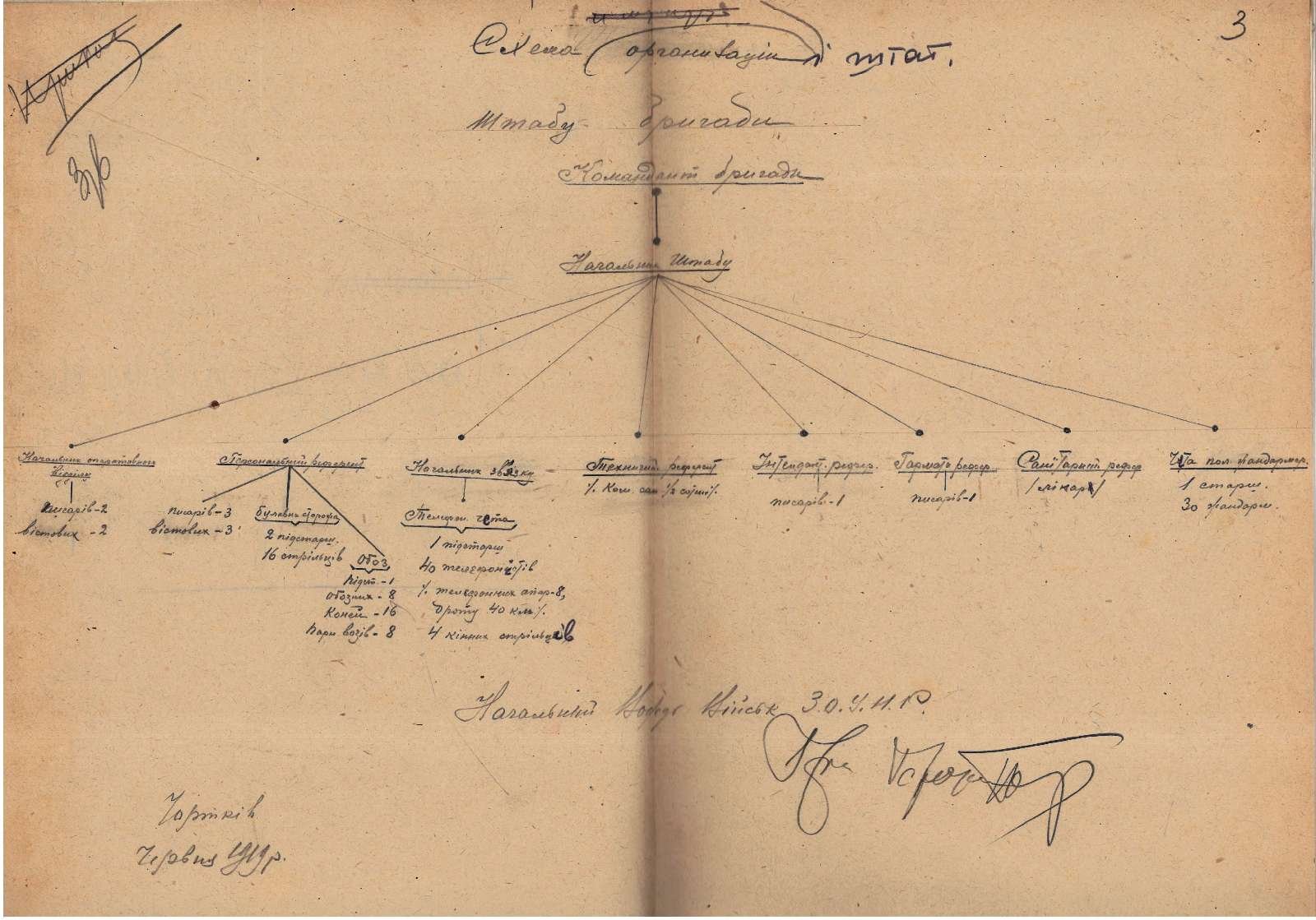 Документи Начальної команди Галицької армії: схема організації і штат штабу бригади. 18 червня 1919 р.