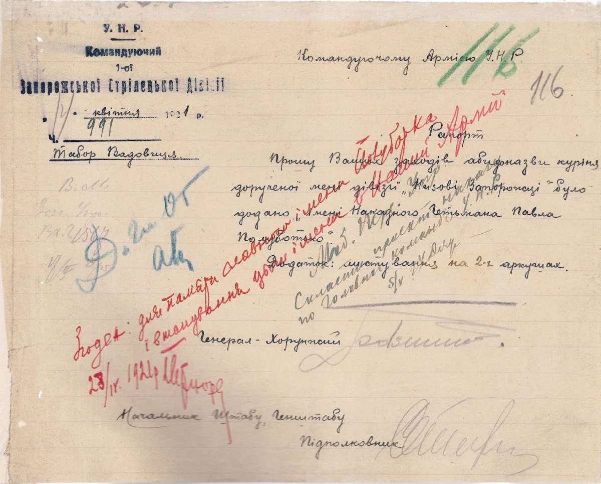 Лист Командувача 1-ї Запорозької стрілецької дивізії до Командувача Армією УНР щодо назви Куреня Низових запорожців. 14 квітня 1921 р.