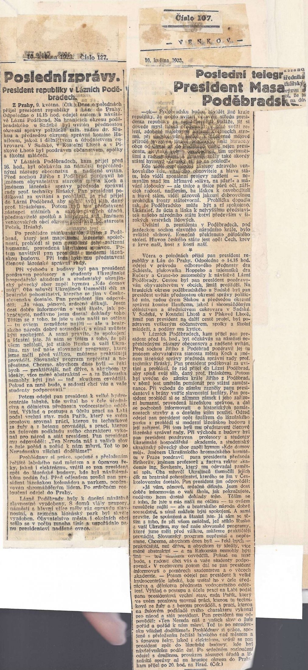 Вирізки з чеських газет про перебування Президента Чехословацької Республіки Томаша Масарика в Подєбрадах. 10 травня 1923 р.