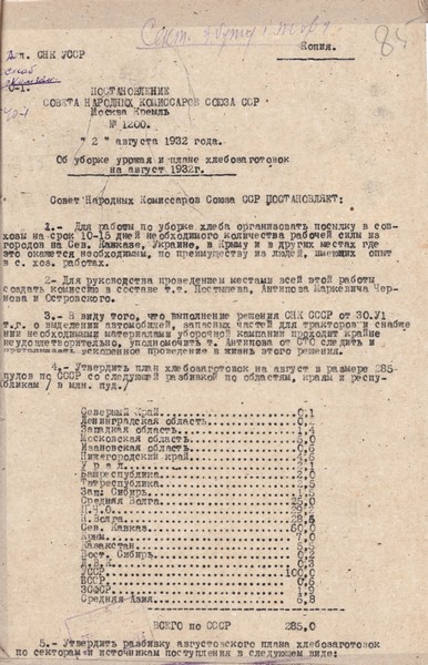 Постанова Ради Народних Комісарів СРСР “Про збирання врожаю і плану хлібозаготівлі на серпень 1932 р.”. 2 серпня 1932 р.