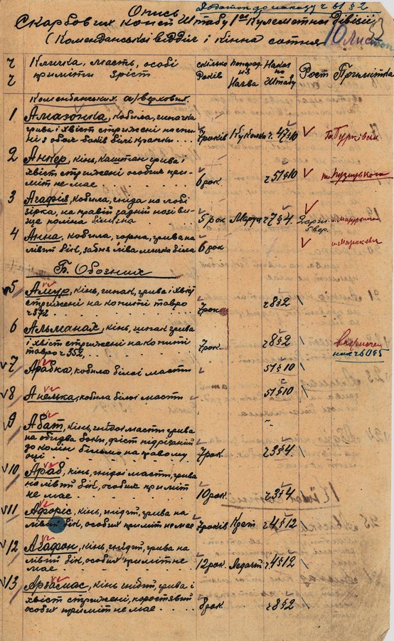 Опис скарбових коней Штабу 1-ї кулеметної дивізії. 10 листопада 1920 р.