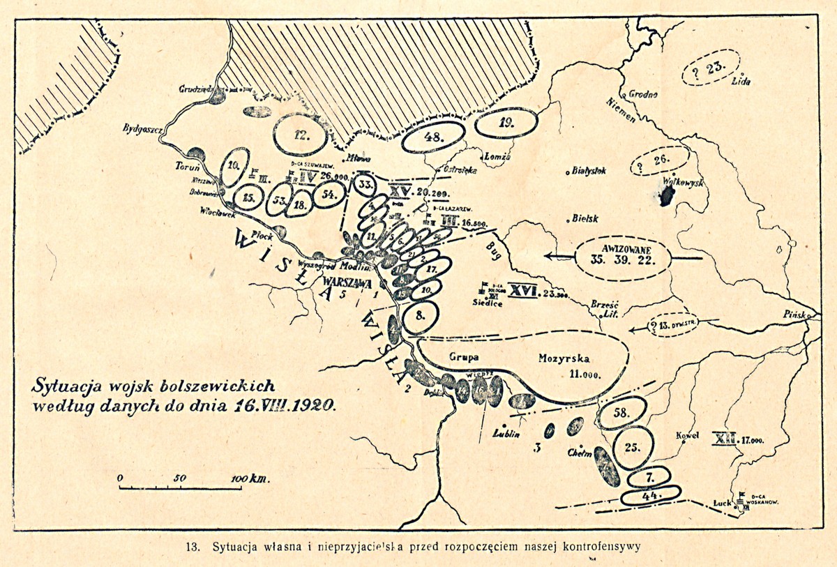 Мапа розташування більшовицьких військ станом на 16 серпня 1920 р.