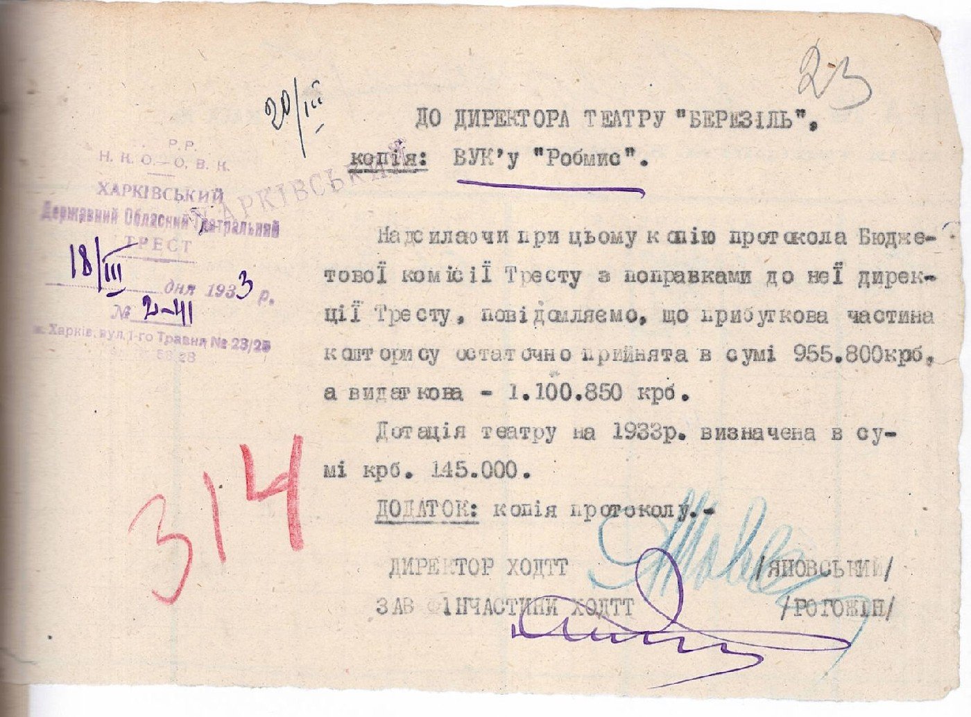 Супровідна записка Харківського державного обласного театрального тресту та копія протоколу бюджетної комісії тресту щодо кошторису театру «Березіль» на 1933 р.