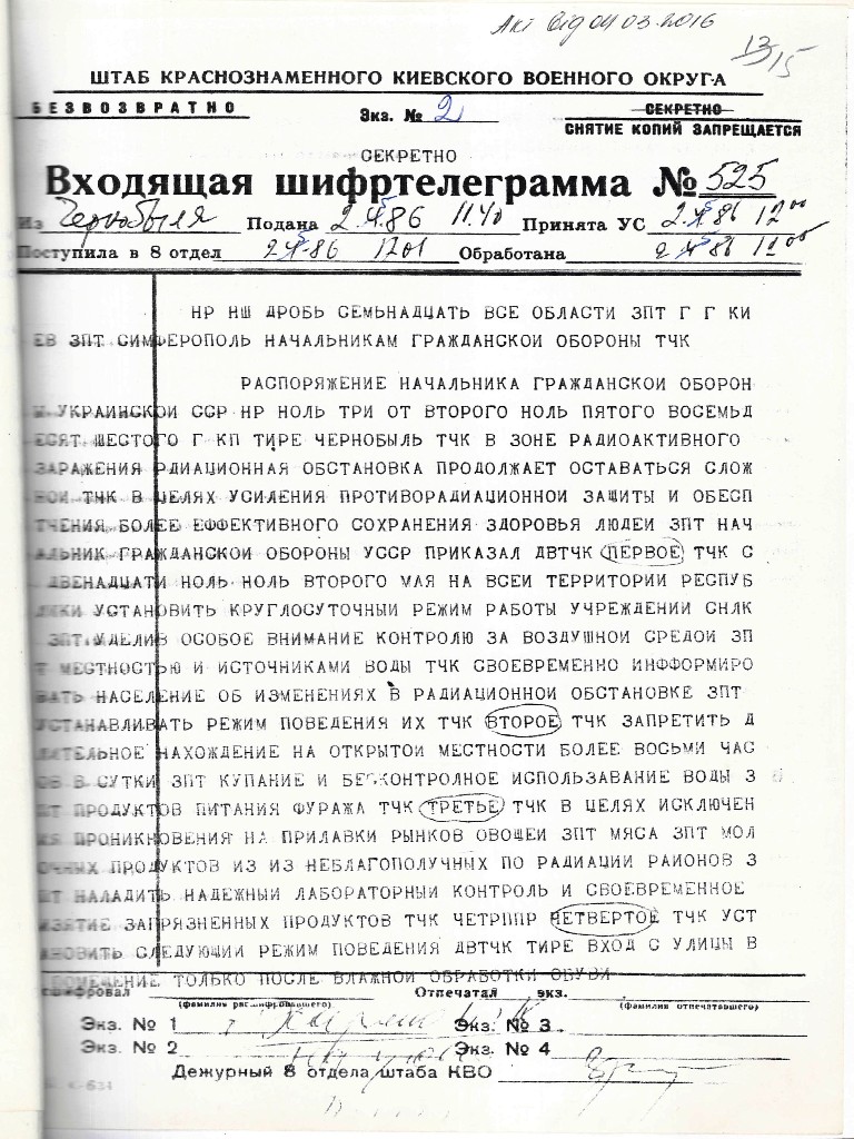 Вхідна шифртелеграма Штабу Київського військового округу про складну обстановку у зоні радіоактивного зараження. 2 травня 1986 р.
