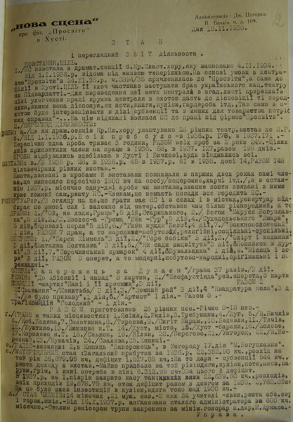 Звіт про діяльність театру "Нова сцена" при товаристві "Просвіта", м. Хуст. 10 листопада 1938 р.