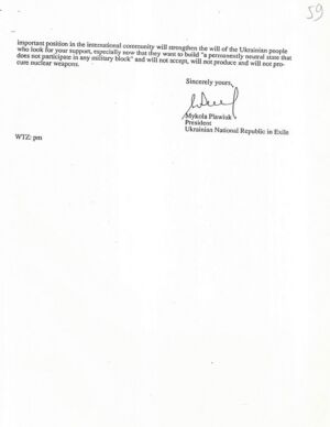 Лист Президента УНР М. Плав'юка Президенту США Дж. Бушу з інформацією про набуття Україною суверенітету та проханням підтримати надання Україні статусу спостерігача на саміті Комісії з безпеки та співробітництва в Європі . 15 листопада 1990 р.