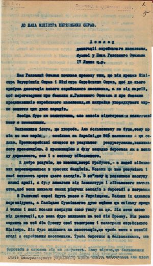 Доповідь делегації єврейського населення Міністру єврейських справ УНР про зустріч з Головним Отаманом військ УНР С. Петлюрою 17 липня 1919 р. 22 липня 1919 р.