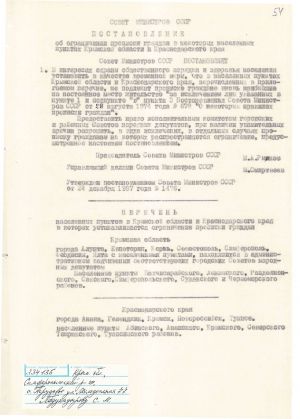 Копія постанови Ради Міністрів СРСР № 1476 про обмеження прописки громадян у деяких населених пунктах Кримської області та Краснодарського краю. 24 грудня 1987 р.
