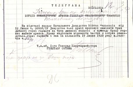Телеграма 1-го Генерал-квартирмейстера Головного управління Генерального штабу [Інспектору артилерії Дієвої армії УНР] про заміну гармат. Не раніше 19 липня 1920 р.