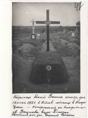Фотокартка могили стрільця [УГА] В. Янчія, який помер 19 січня 1921 р. у військовій лікарні і похований на кладовищі Св. Вацлава в Пільзні. Без дати.