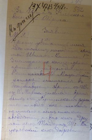 Заява мешканки м. Ялта М. Мациновської Штабу Київського військового округу про розшук зниклого сина, який рахується в Дієвій армії з 1915 р. 5 серпня 1918 р.