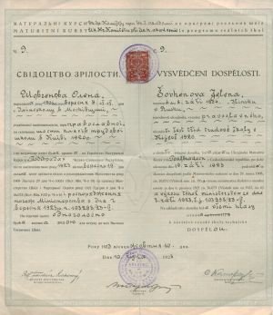 Свідоцтво зрілості Олени Шовгенової, видане Матуральними курсами при УГА. 10 жовтня 1923 р.