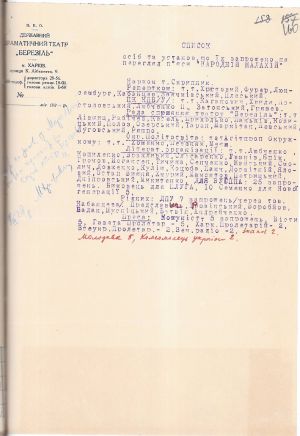 Список запрошених до Державного драматичного театру «Березіль»  на перегляд п’єси «Народній Малахій». 08 березня 1927 р.