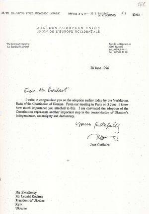 Привітання від Генерального Секретаря Західноєвропейського Союзу Президента України з прийняттям Конституції України. 28 червня 1996 р.
