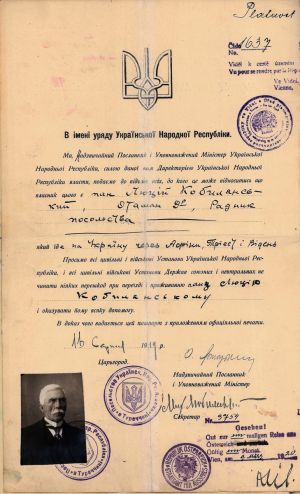 Дипломатичний паспорт Люція Кобилянського, радника Посольства Української Народної Республіки в Туреччині. 16 серпня 1919 р.
