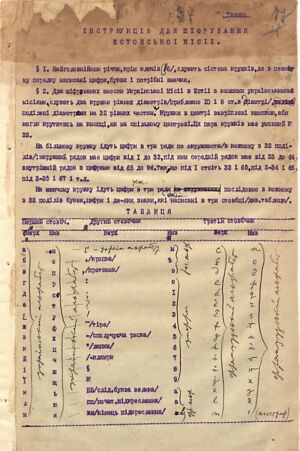 Інструкція для шифрування таємного листування Надзвичайної дипломатичної місії УНР в Естонії. 1 лютого 1920 р.
