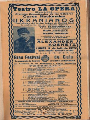 Афіша виступу Українського національного хору в Аргентині, що відбувся 9 липня 1923 року в м. Росаріо в Teatro La Opera. 